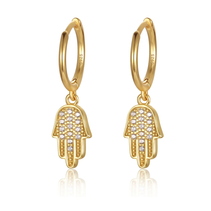 

Popular S925 Sterling Silver Jewelry Women Micro Zircon Hamsa Charm Drop Hoop Earrings, 18k gold/rhodium color