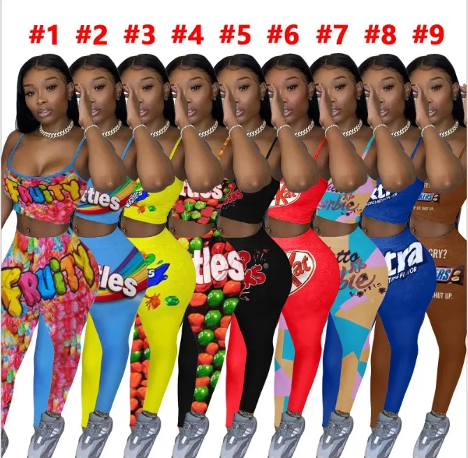 

Women Clothing Two Piece Booty Set Outfits Long Gusher Snickers Candy Tights Snacks Pant Sets, Multi color