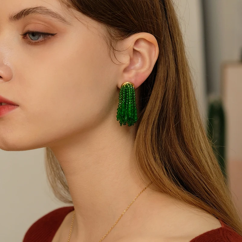 

2 Sizes Beaded Brown Green Glass Beads Tassel Earrings Vintage Crystal Drop Earrings Colorful Elegant Hyperbole Handmade Jewelry, Gold