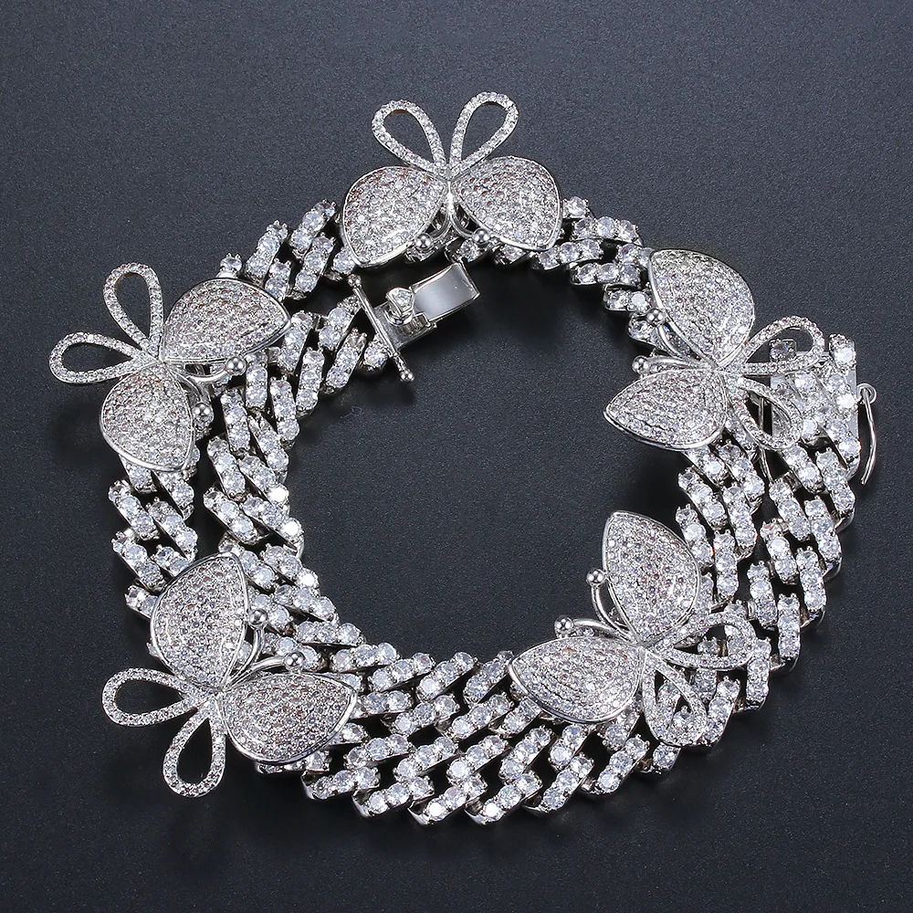 

Gold Silver Rose-gold Plated Cuban Chain For Woman Girlfriend 5 Vortical Butterfly Zircon Micro Insert Alloy Cuban Chain