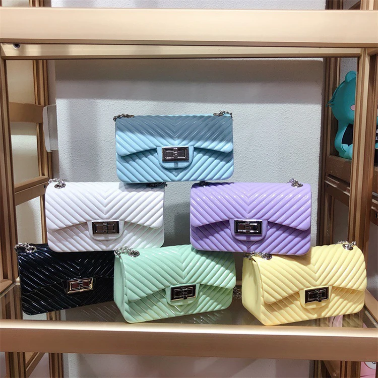 

Summer new product pvc jelly bag V pattern chain candy color small square bag women handbags ladies, White, purple, black, light green, light yellow, light blue