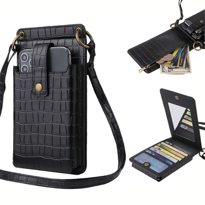 

Crocodile Pattern Purse PU Multi-function Universal Credit Card Money Change Wallet Phone Bag Women Crossbody Pouch wiith Mirror, As pictures