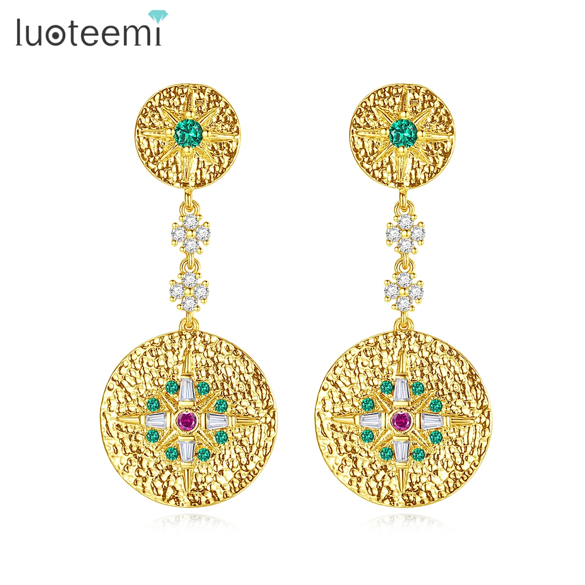 LUOTEEMI Round Diamond Stud Earrings Woman Real Gold Plated Muti Zircon Color Big Round Earrings For Women