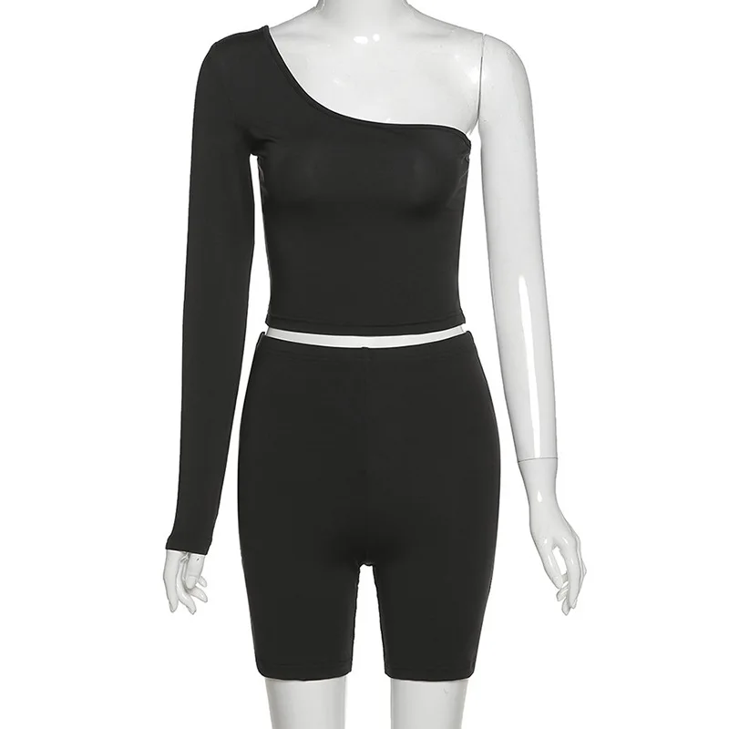 

Hot Sale Women Summer Set two piece off shoulder set bikers short sportswear two piece ladies short 2 two piece set outfit, 3 colors