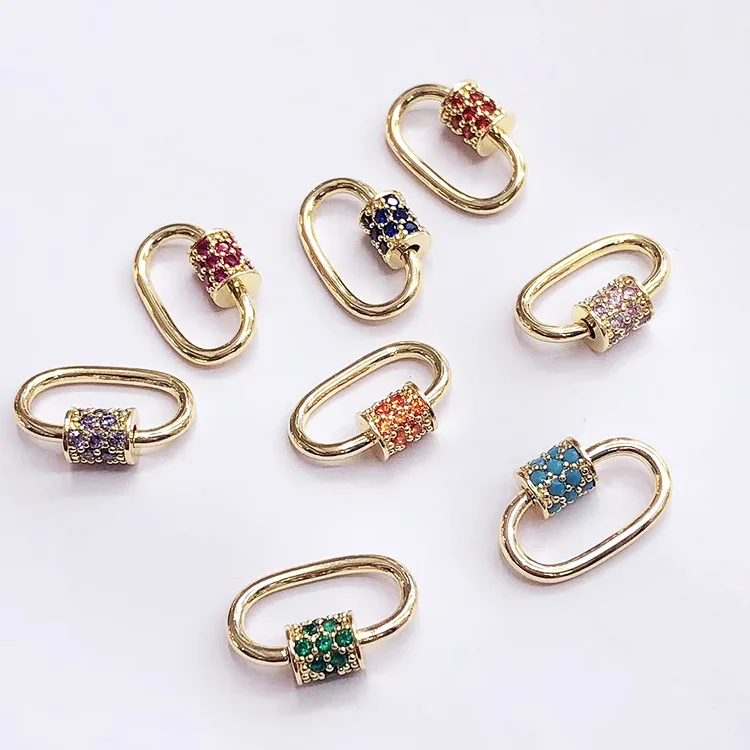 CZ7919 Rainbow CZ Micro Pave Oval Screw Clasp, Gold Plated U Shape Carabiner Clasp Buckle Lock