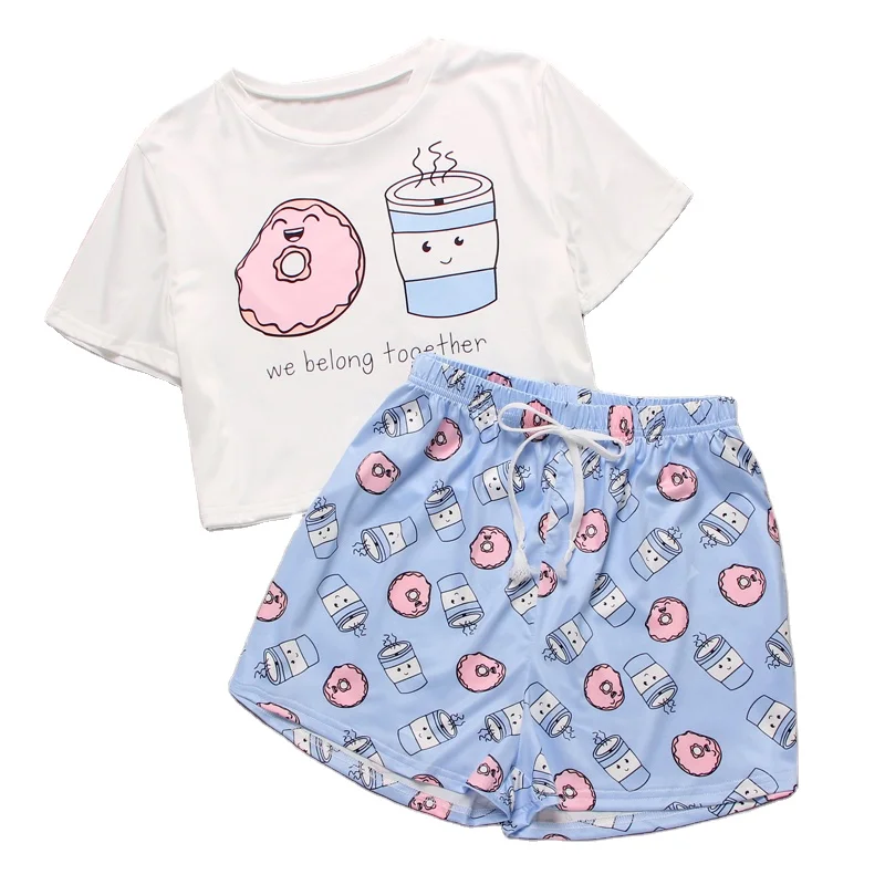 

2020 Summer Sweet Cute Cartoon Print Short Sleeve Set Pajamas, 13 colors