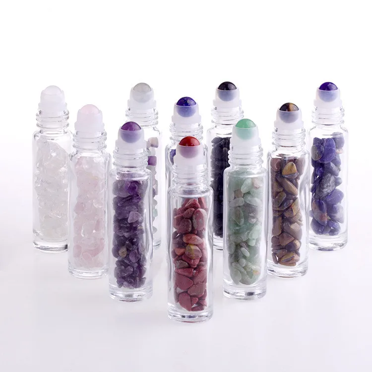 

Natural Gemstones 10 ml glass roll on bottles with crystal stone roller balls & healing crystal chips inside