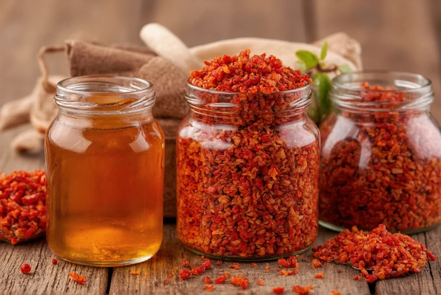 Homemade chili crunch stored in glass jars with golden oil and red chili flakes