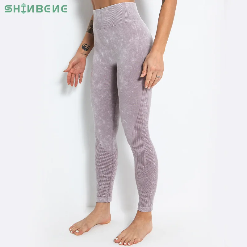 

SHINBENE ACID WASH Seamless Workout Fitness Compression Tights Women High Waist Tummy Control Fitness Sport Legging Yoga Pants