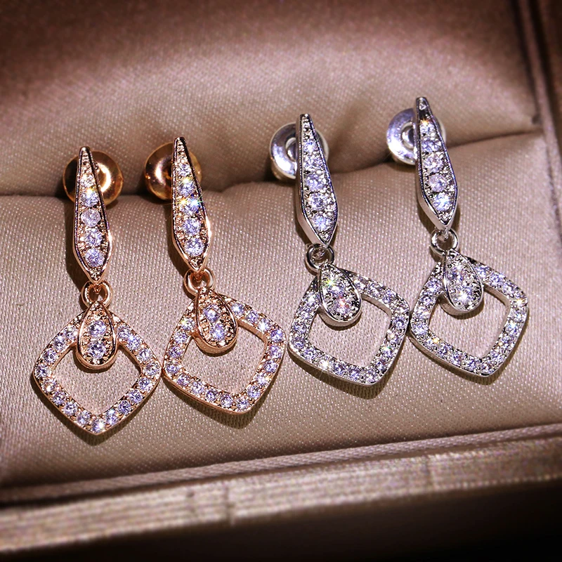 

New Design Fashion Jewelry KYED0331 CZ Earrings Geometric Shine 3A Zircon Drop earrings for Women, Silver,rose gold