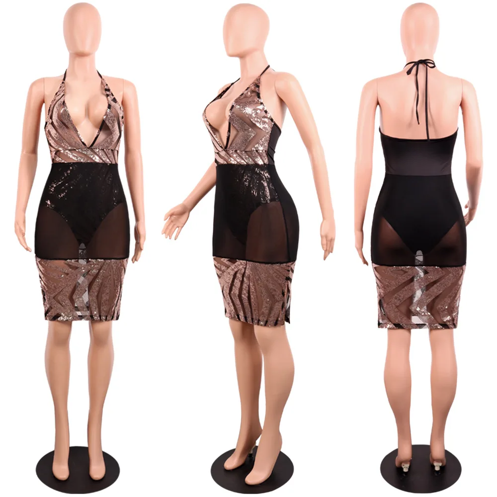 2019 deep V night party sexy women clothing bandage sleeveless mesh nightclub sequin dress