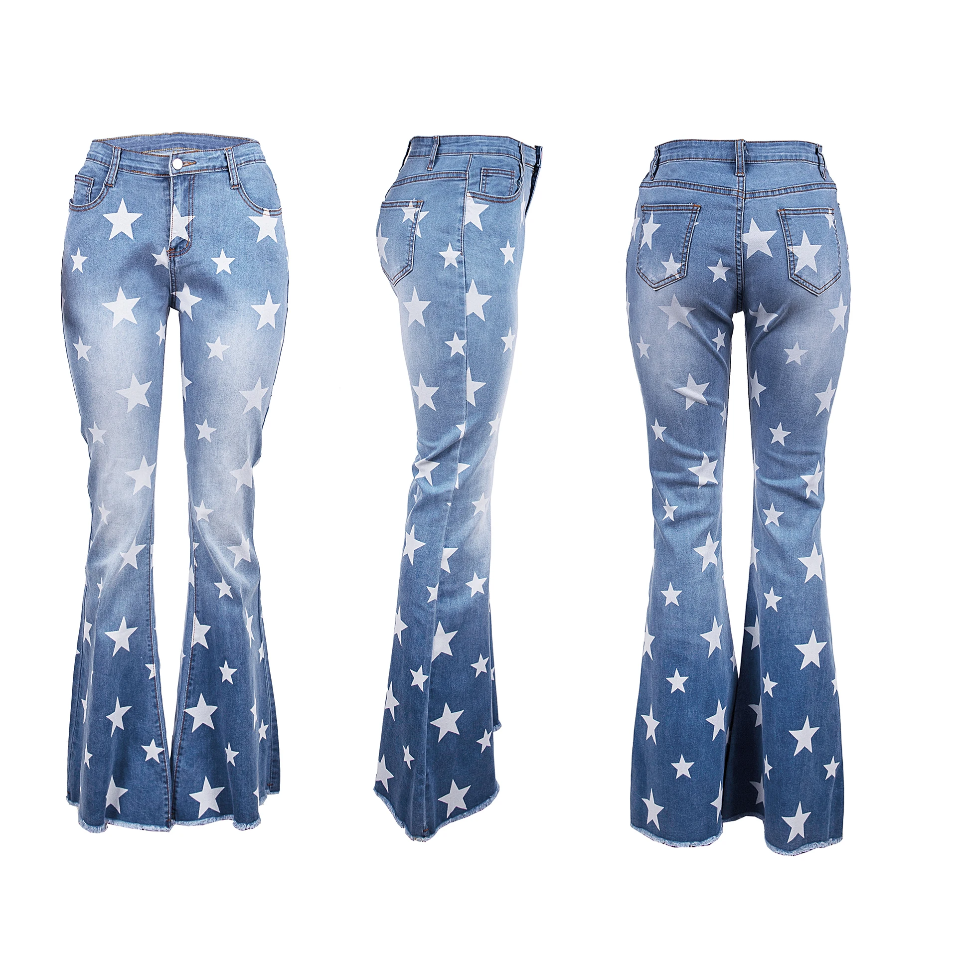 

Wholesale Lady Denim Bell Bottoms Jeans High Waist Star Skinny Stretchy Plus Size Long Flare Pants Women, Blue jeans pants