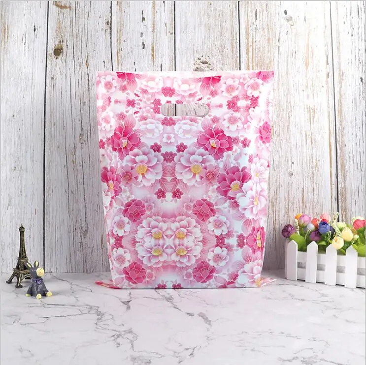 
customized plastic bags printed own logo, biodegradable plastic bags pink die cut handle 