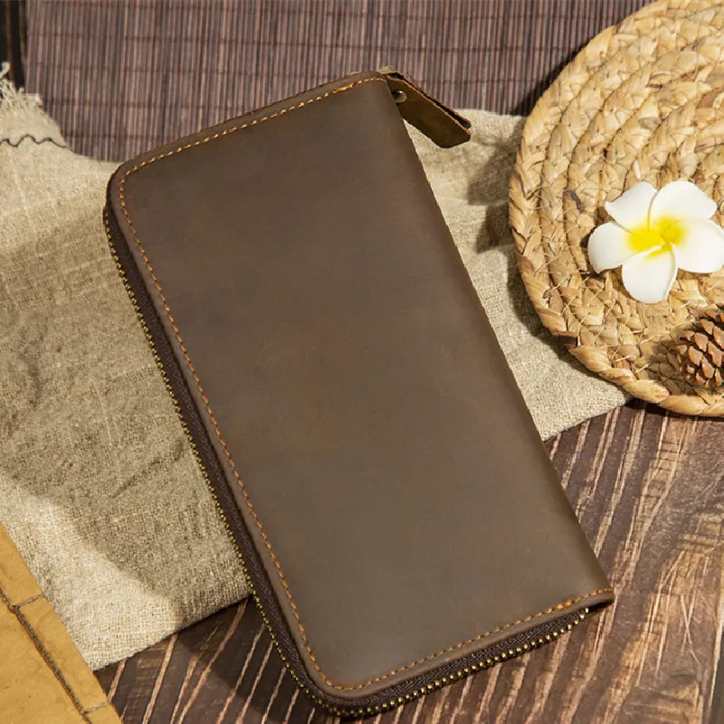 

Vintage Genuine Leather Cool Long Wallets for Men Personalized Zip Around Wallet Checkbook Cash Credit Card Holder Wallet Coffee