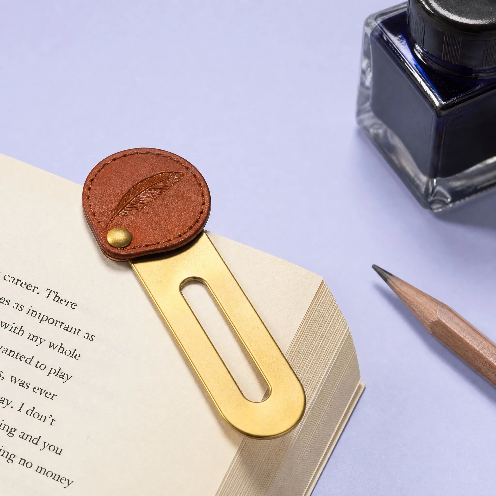 Custom Solid Brass Page Clip with Hand Stitched Leather Quill Feather Tab and Antique Rivet
