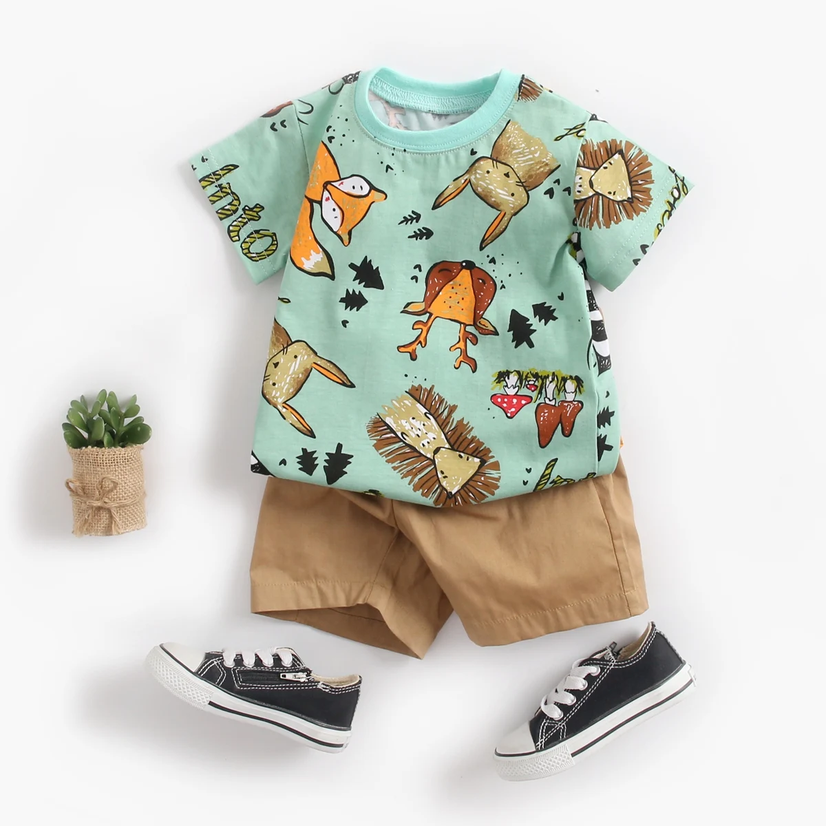 

100% Cotton Children Clothing Sets Short Sleeve Shorts Baby Clothes Casual Clothing Sets 2 Pcs Green&Brown Cartoon