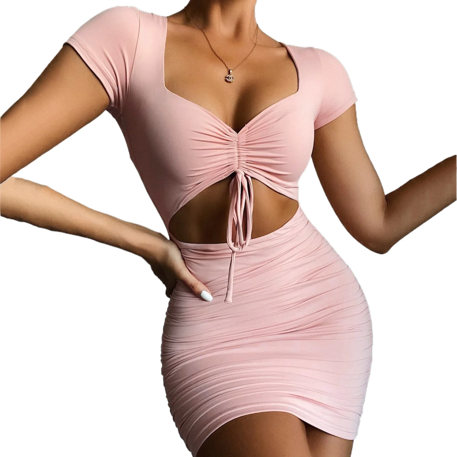 

2021 summer hollow sexy dress V-neck drawstring pleated dress pink tight black dress, Pink,black,beige