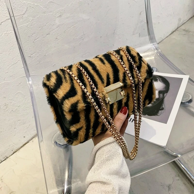 

women bag handbag autumn winter new European American retro plush square bag ins fashion chain hand bag, Leopard print, zebra print, dairy cow print