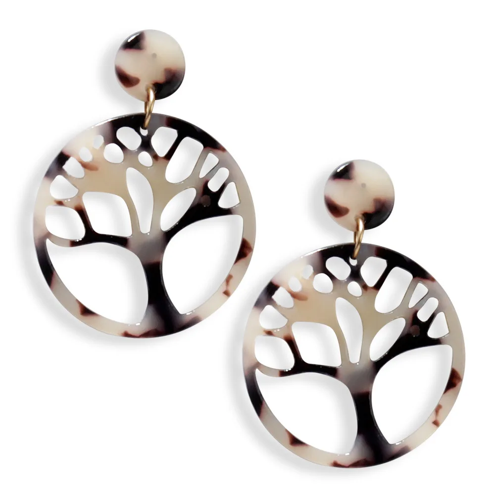 

Unique Female Women Girls Colorful Mottled Tortie Acetate Acrylic Ladies Dangle Life Tree Pendant Earrings For Gift, As photo