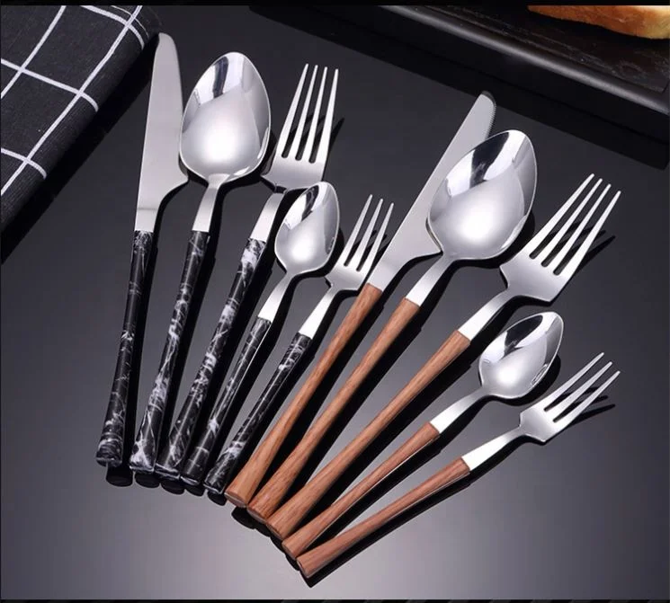 

Amazon hot sell wholesale 304 stainless steel western food tableware set steak knife spoon salad fork set for restaurant odm