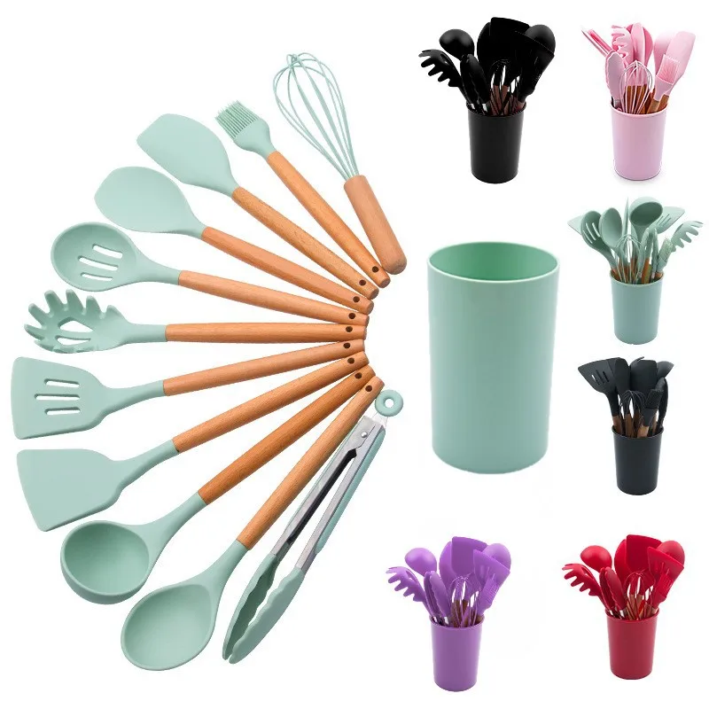 

Amazon hot sale silicone kitchenware 12pcs silicone kitchen utensils set with wooden handle