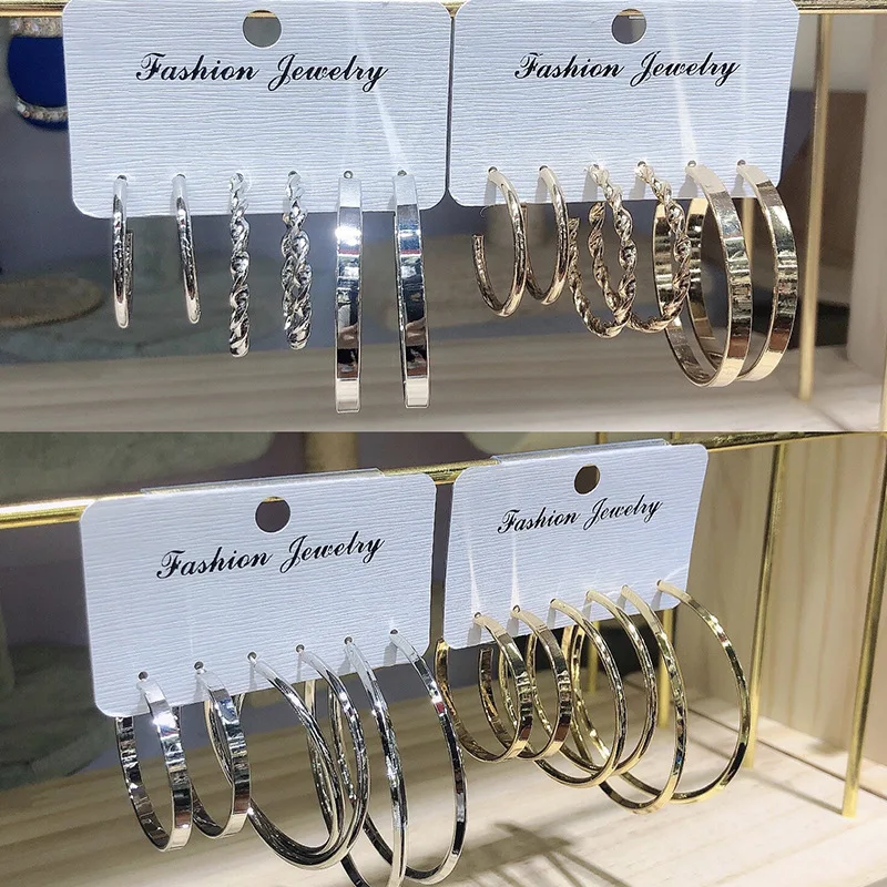 

Wholesale 925 silver needle C ring three pairs of combination set versatile metal exaggerated women's earrings, 2 colors