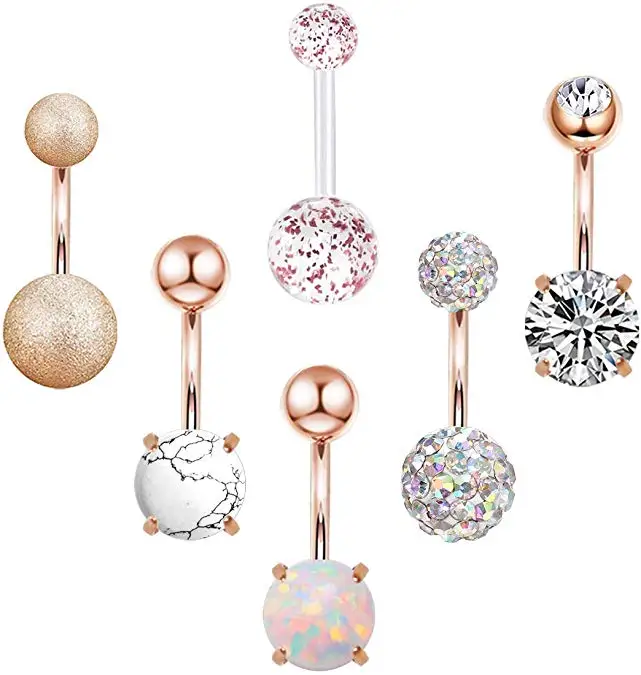 

6Pcs/Set Rose Gold Jewelry Prices Opal Stone Belly Button Rings Navel 316L Steel Sexy Belly Ring Body Piercing