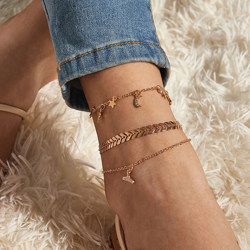 

Beach Jewelry Star Moon Charms Ankle Bracelet Gold Plated Jewelry 3-pieces Set Ankle Chain Girls Bohemian Leaf Tassel Anklet Set