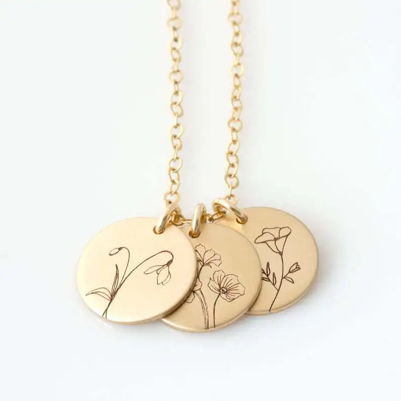 

Women 925 Sterling Silver Gold Plated Disc Pendant Birthflower Custom Whole Birth Flower Necklace