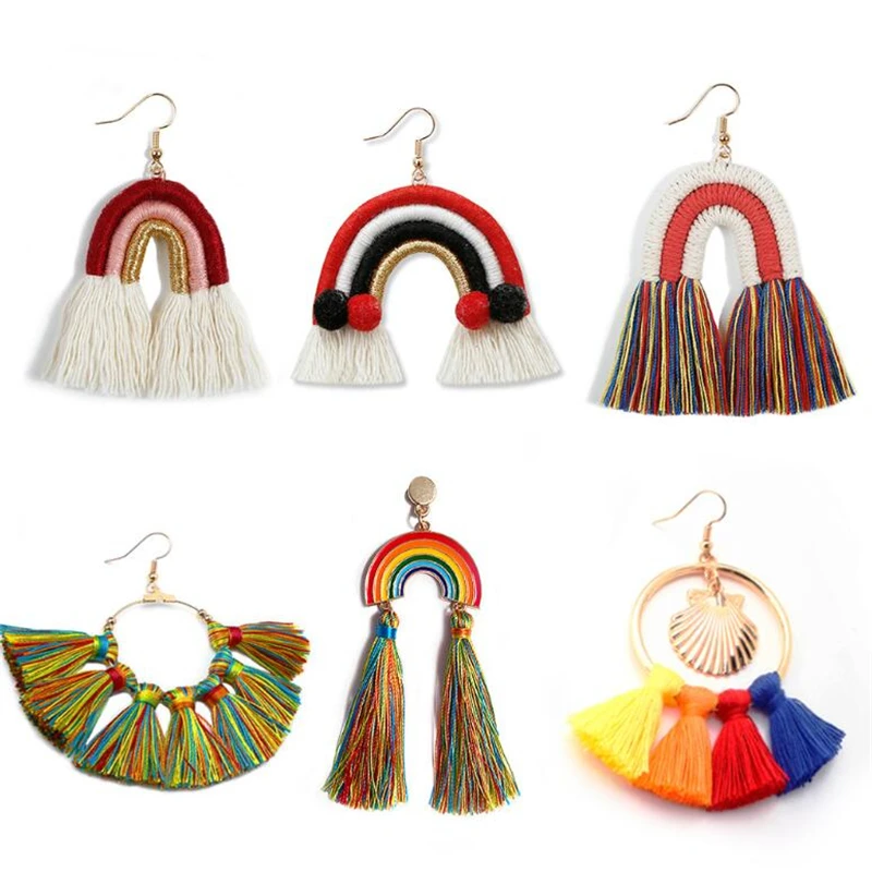 

Trendy Ethnic Design Tassel Macrame Rainbow Earrings Bohemian Weave Cotton Thread Fringed Drop Earring For Women Jewelry 2021, Customized color