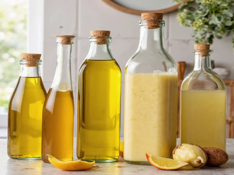Glass bottles of different cooking oils next to homemade mayonnaise
