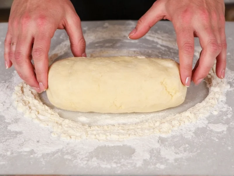Kneading homemade roll dough on floured surface