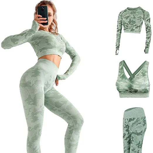 

Yoga Set Women Seamless Camouflage Long sleeves Tops Shirt High Waist Leggings Fitness Sport GYM Camo Suits Tight Workout pants, Black green purple