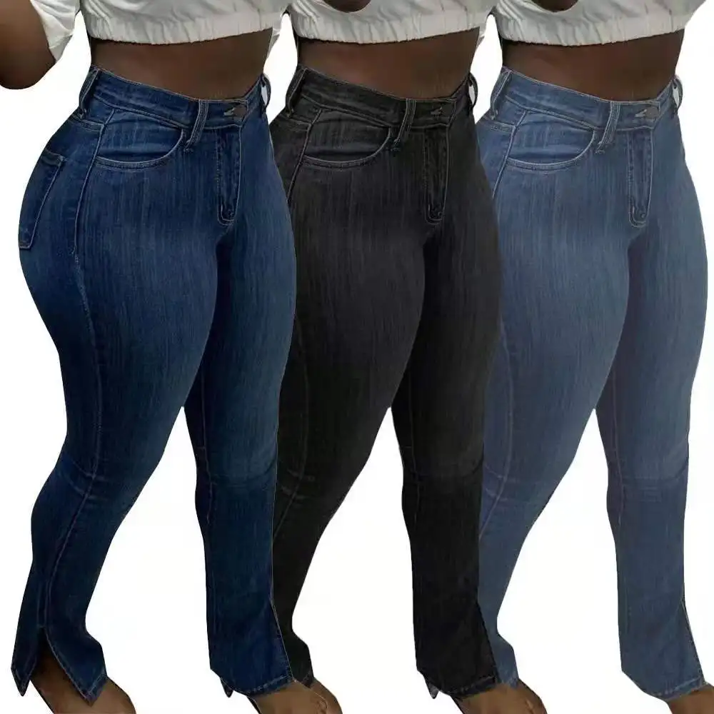 

2021 new arrivals Skinny high stretch denim pants with slight side slits