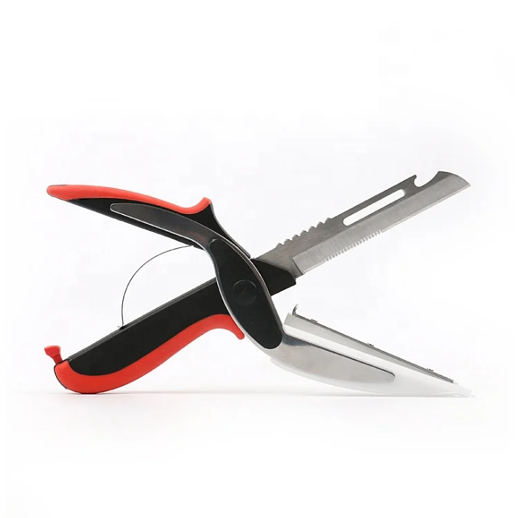 

Multifunction Stainless Steel 2 in 1 Cutter Board Chopper Clever Fruit Kitchen Scissors, As photo