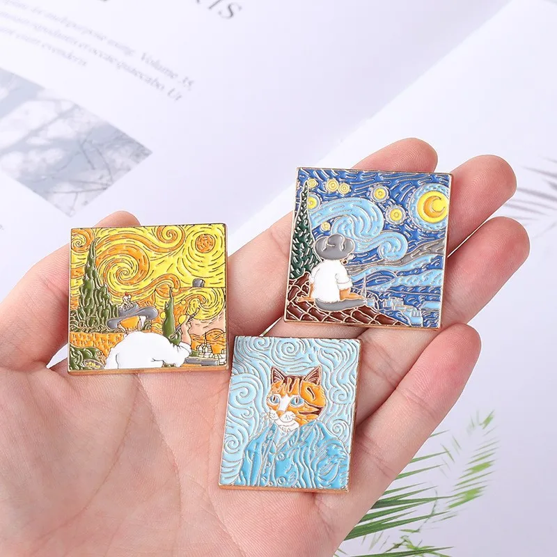 

Hot selling Van Gogh oil painting series metal enamel pins flower figure cat scenery artistic emblem accessories lapel pins