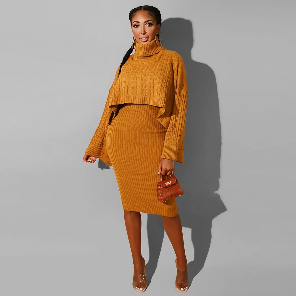 

New Design Fall Beauty Women's Solid Color Casual Turtleneck Sweater Skirt African Women 2 Set