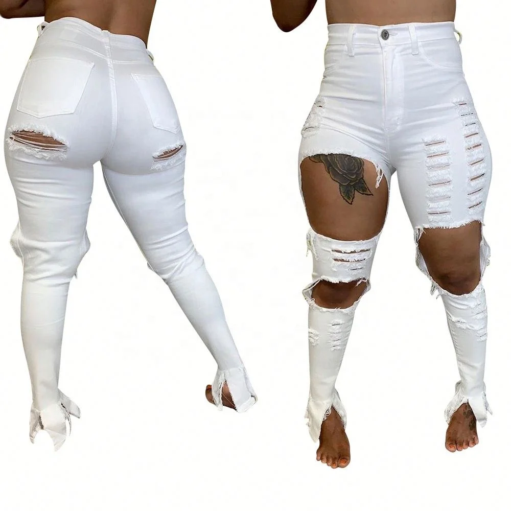 

VOOGUE Female Club Women Jeans Fashon Ripped Jeans Women Sexy White Jeans Pants Women's Trousers