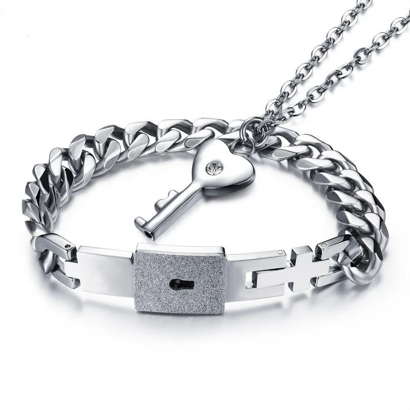 

Valentine's Day Gift Lovers Jewelry Gift Couple Stainless Steel Key Pendant Necklace And Lock Chain Bracelets, Silver