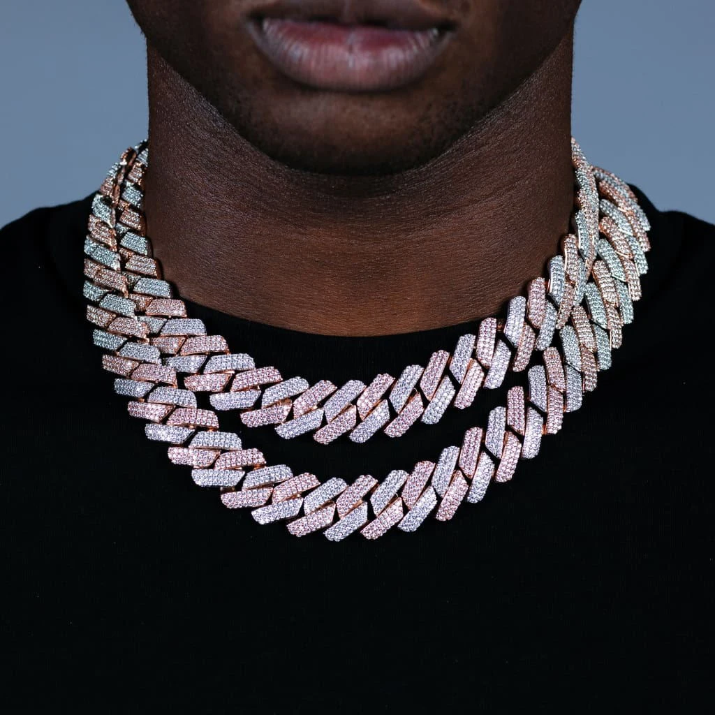 

Wholesale top quality hip hop bling Men boy jewelry Customize big heavy Chunky Cuban triple row cz 19mm cuban necklace, Rose gold