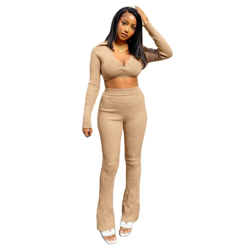 

10907-MX93 vneck crop top bodycon long sleeve micro bell bottoms pants two piece set women sehe fashion