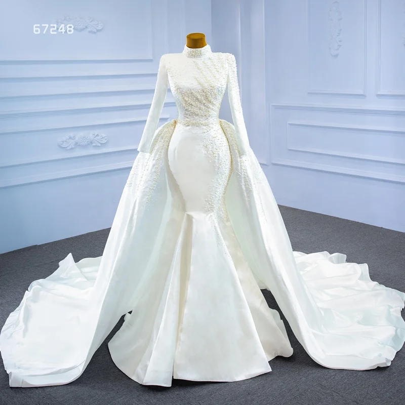 

Jancember RSM67248 High Neck Long Sleeve Muslim Mermaid Detachable Tail Wedding Dresses, Ivory
