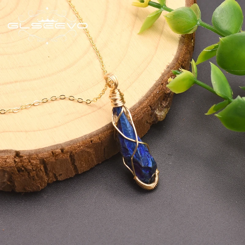 

Natural Blue Crystal Pendant Necklace For Women Girl Lovers' Luxury Wedding Necklace Party Gift