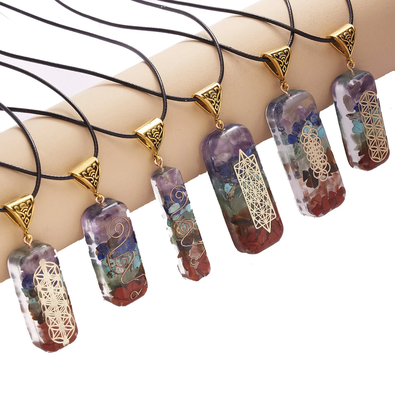 

New 7 Chakra Orgone Energy Healing Crystal stone necklace Sri Yantra Sacred Geometry Om Rectangle Pendant Meditation Necklace