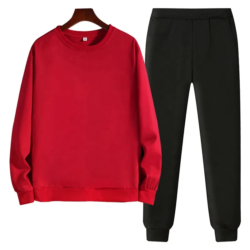 

2020 Fashion New Couple Autumn Sport Suits Plus Size Solid Color O-neck Casual Lovers Long Sleeve Fleece Sweatshirt Set Pullover, Solid color as shown