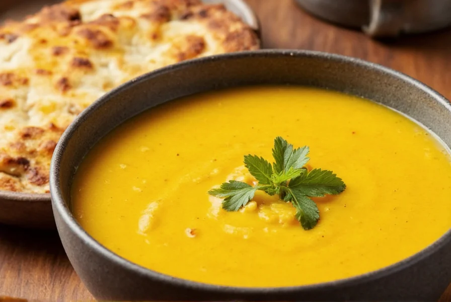 Variety of turmeric soup ingredients arranged on wooden table