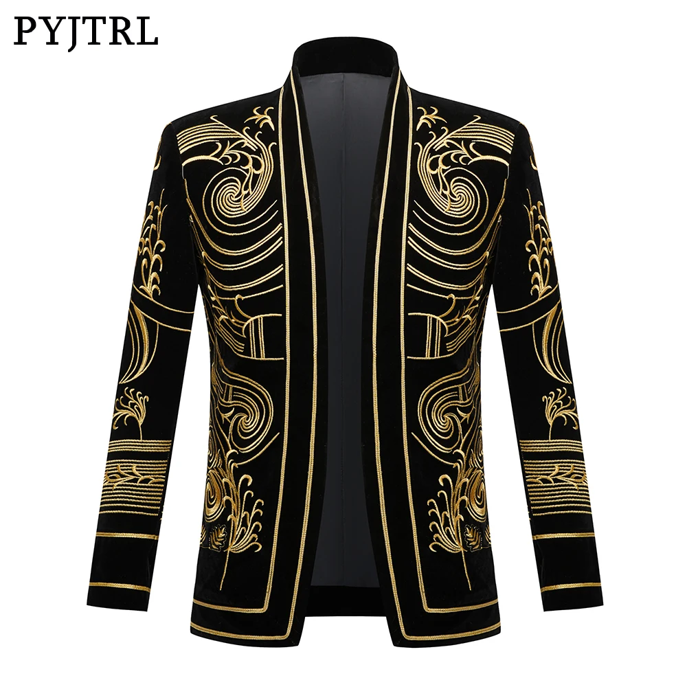 

Pyjtrl Men's Black Blazer With Golden Embroidery Lapel Shawl Latest Wedding Coat Pant Design Stage Costumes For Singers