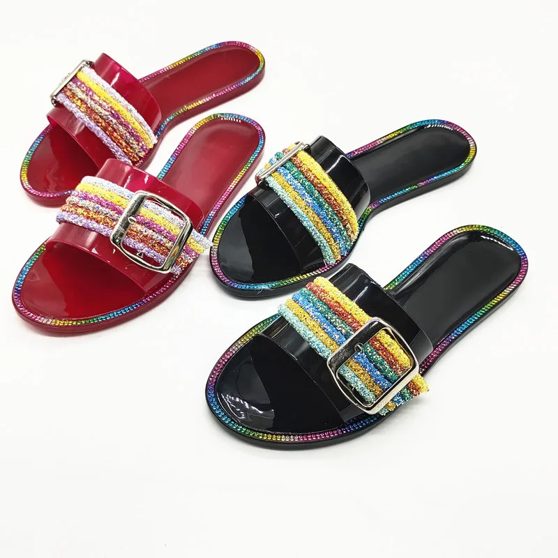 

2021 Amazon Hot Sale Bling Diamond Transparent soles Woman rainbow Beach Slides Flat Slipper for Ladies, As picture