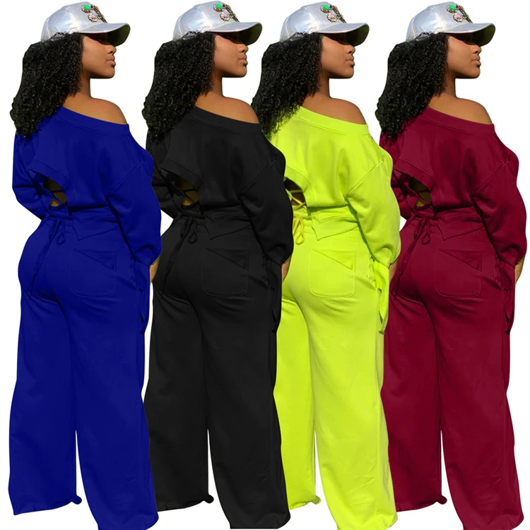 

Elegant Lady 2 Pcs Set Long Sleeve Bandage Loose Top Wide Leg Pants Plus Size Fall Women Two Piece Outfits, Picture