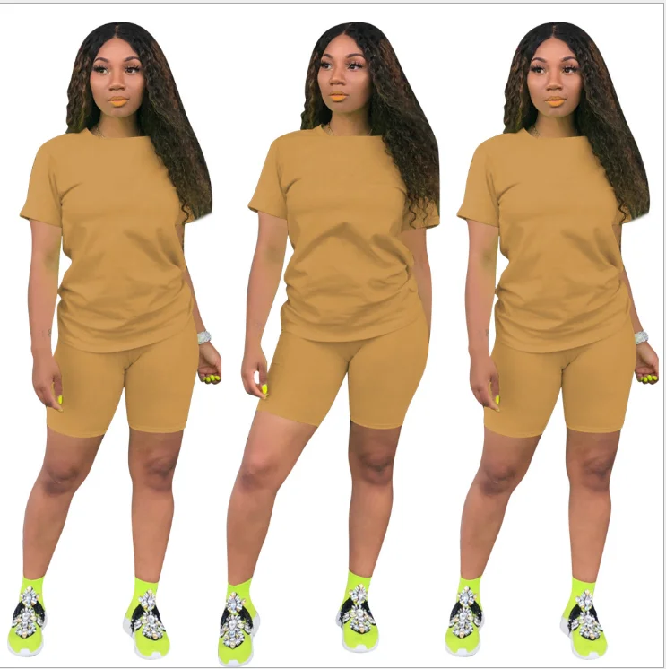 Hot Sale  Women Clothing  Polyester  Short Sleeves Neon Two Pieces Shorts Set Casual 2 Piece Women Outfit